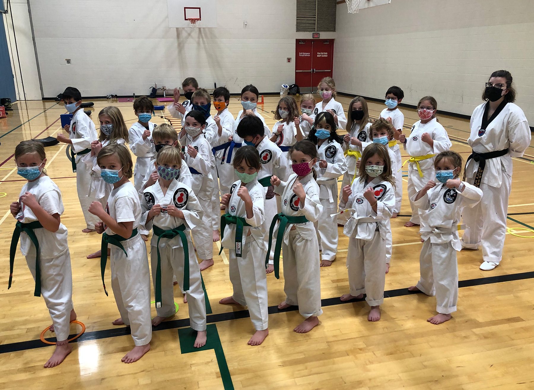 A group of kids at Whistler Taekwondo in the Myrtle Phillip Community School gym.
